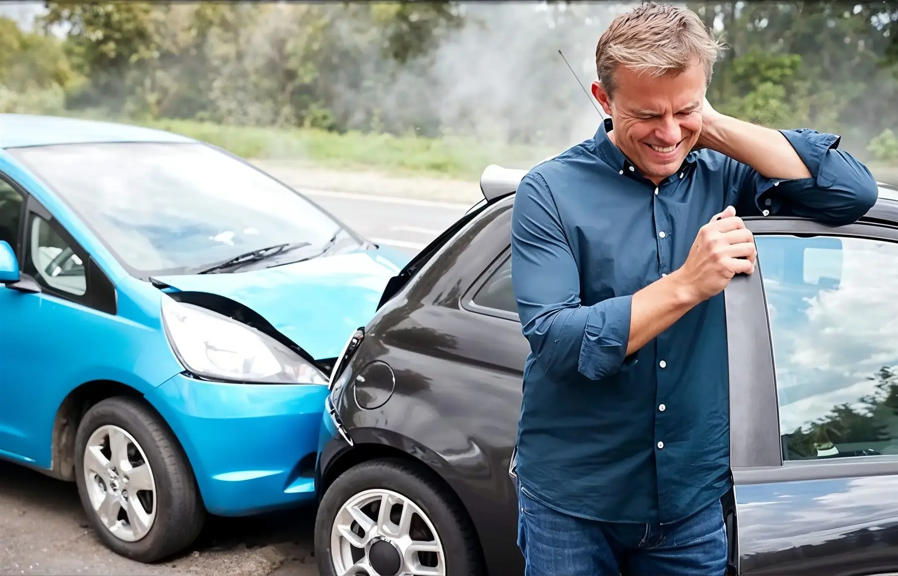 Driver holding his neck in pain next to two cars after a rear-end collision