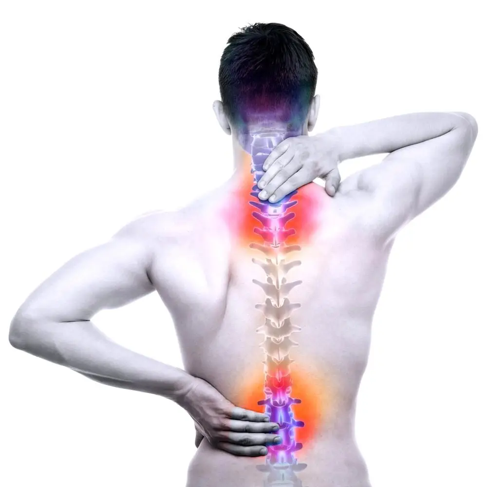 Man holding his neck and lower back with the spine highlighted, showing whiplash pain after a car accident